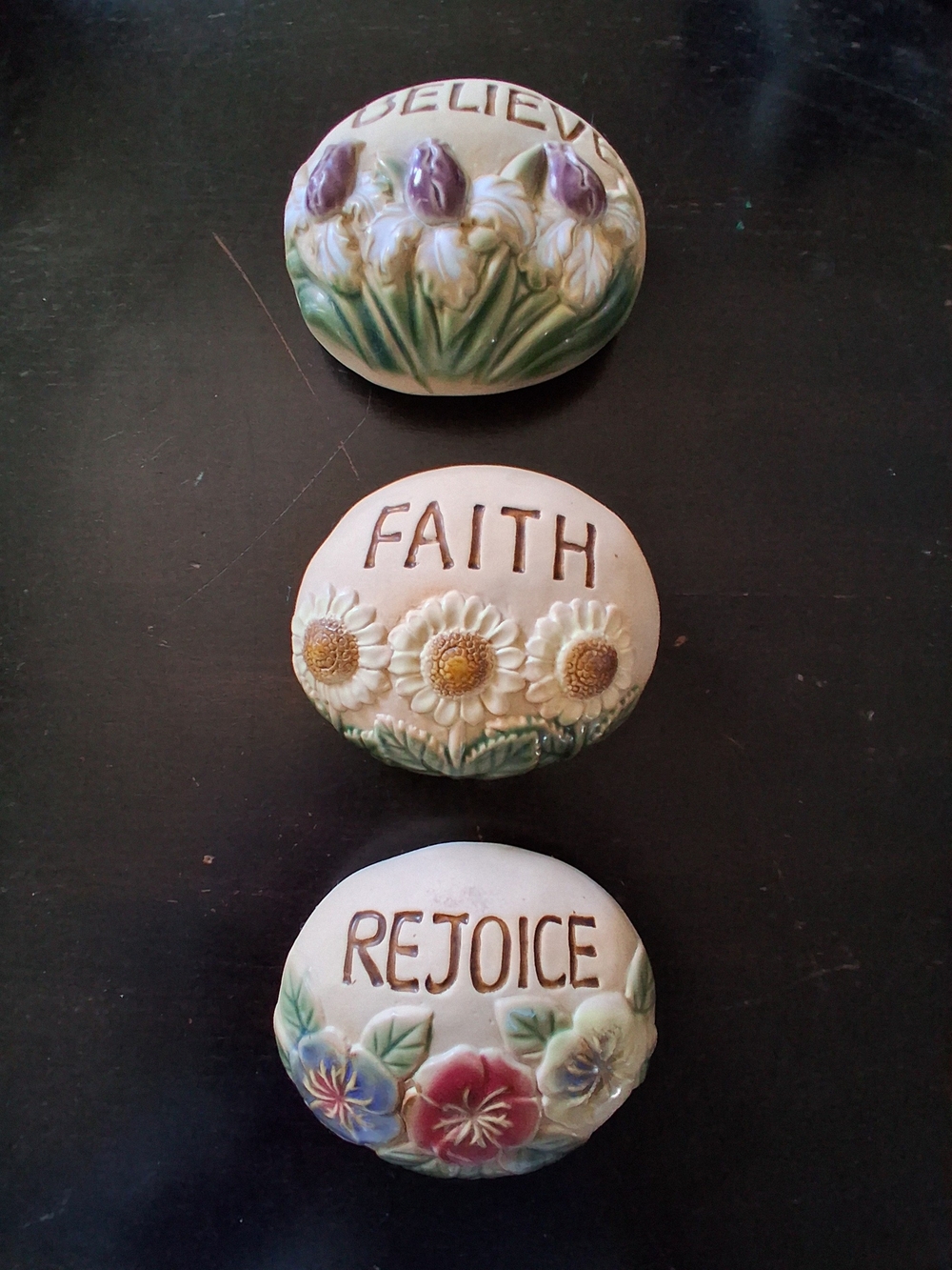 Set of 3 Grassland Road Floral Ceramic Wall Plaques - Believe, Faith, Rejoice